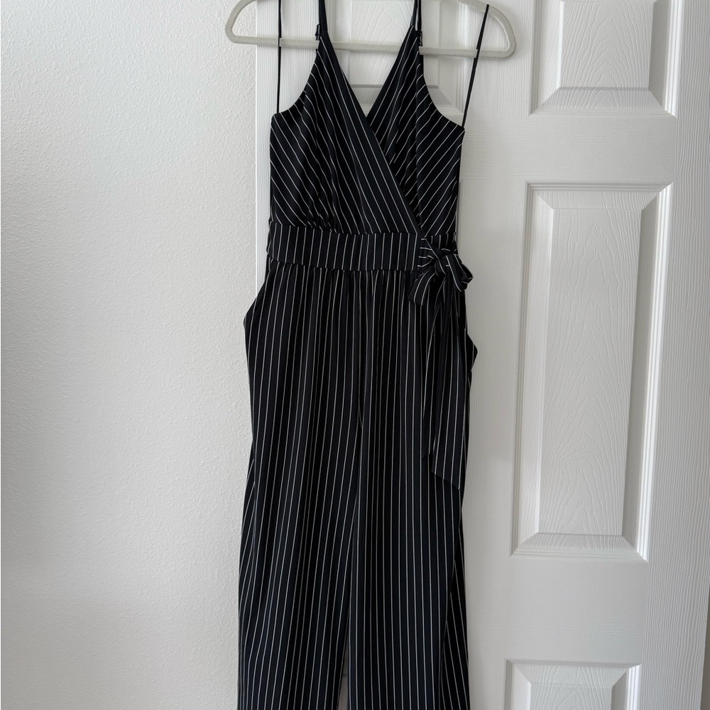 Kaileigh Black Pinstripe Midi Romper/Jumpsuit